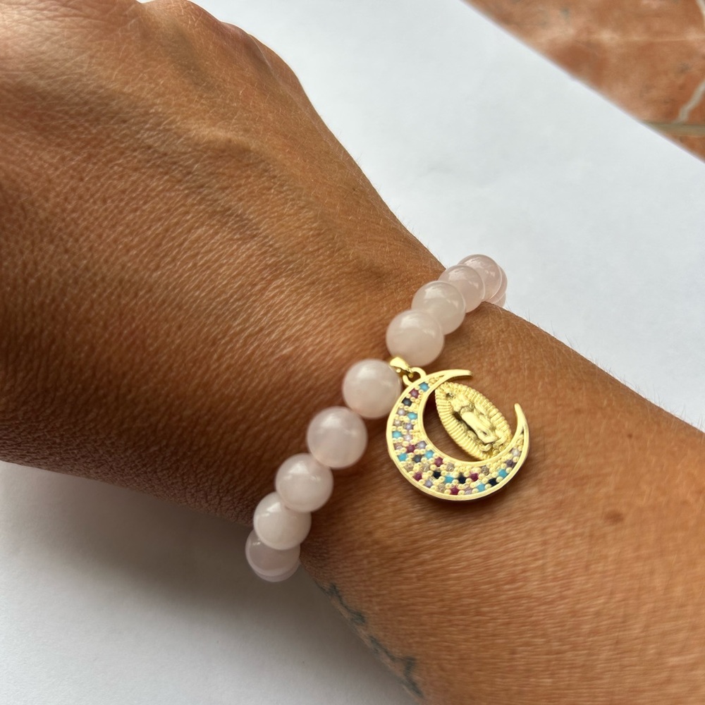 Rose quartz and Holy Mary charm bracelet